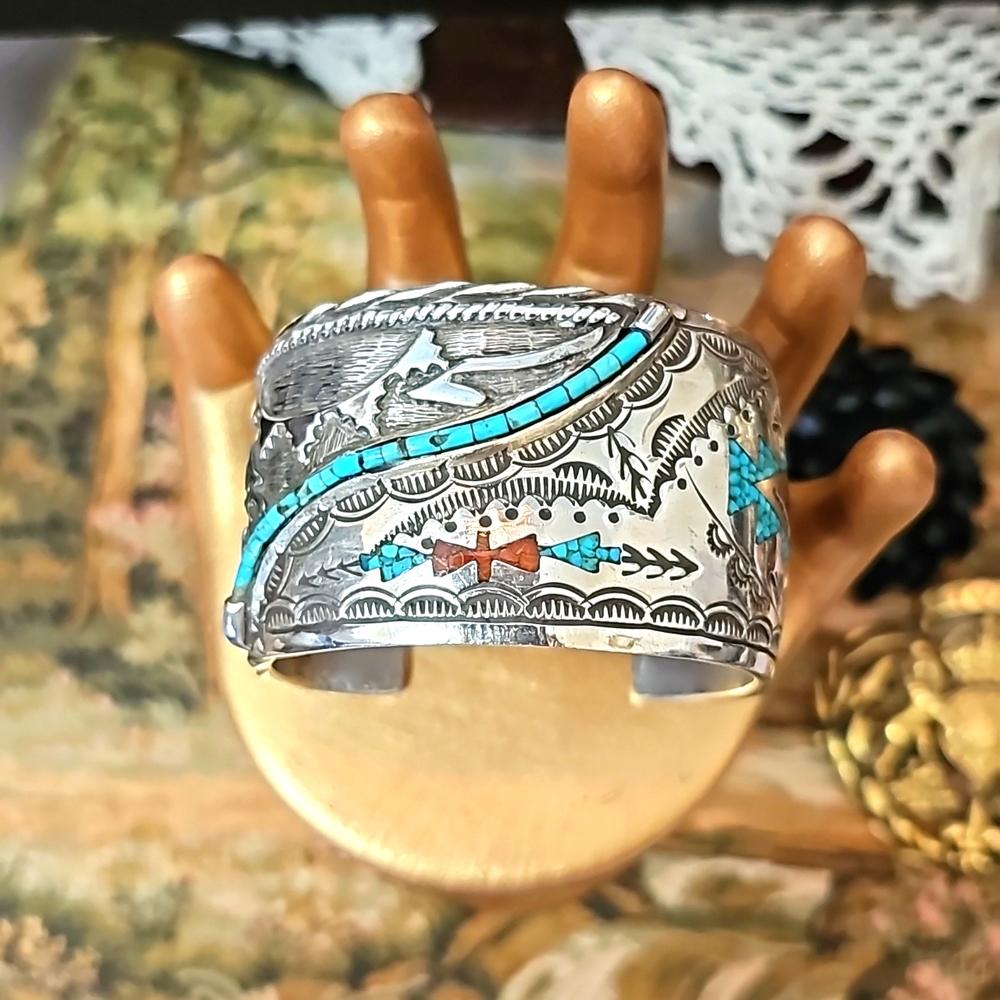 Sterling Silver Turquoise & Coral Wide Bracelet